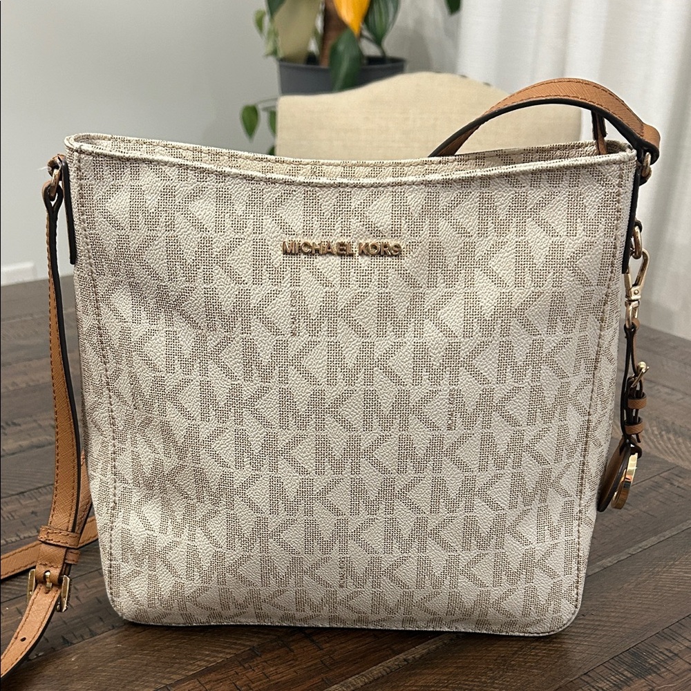 Michael Kors Cream Logo Crossbody with Tan Strap